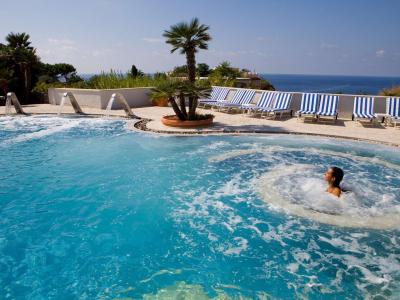Piscina con idromassaggio, vista mare, lettini e palme: relax e tranquillità.